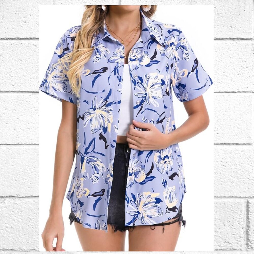 NWT! Womens Short Sleeve Floral Hawaiian Print Button-Down Shirt Top Blouse - Picture 4 of 12